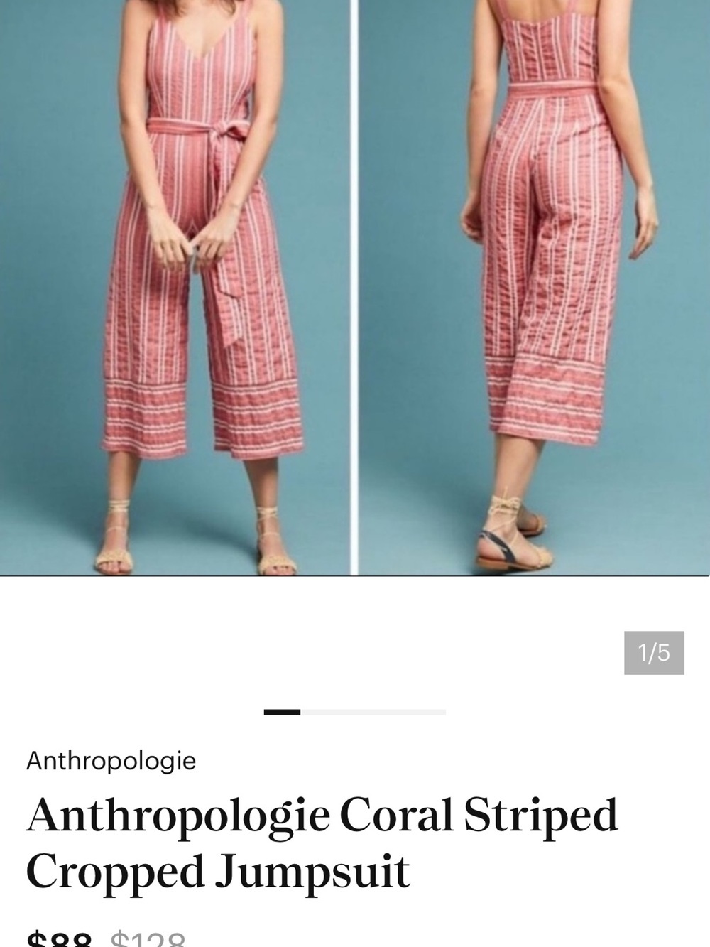 Anthropologie Coral-Striped Sleeveless Cropped Jumpsuit